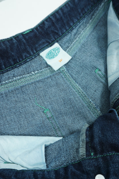 SNAKE HOLE Wide Denim – Green Stitch Dark Indigo