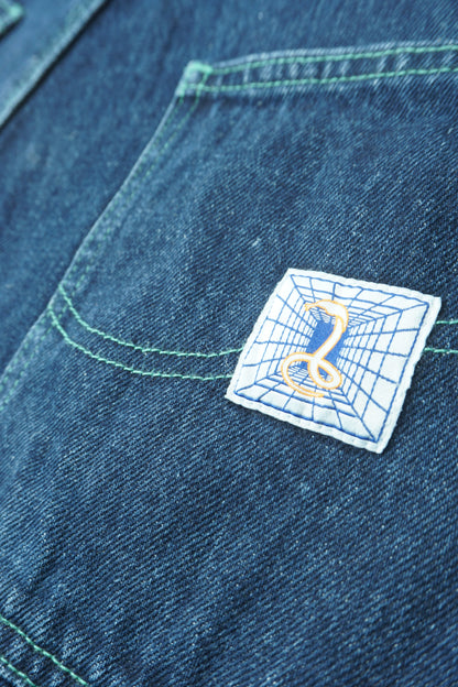 SNAKE HOLE Wide Denim – Green Stitch Dark Indigo