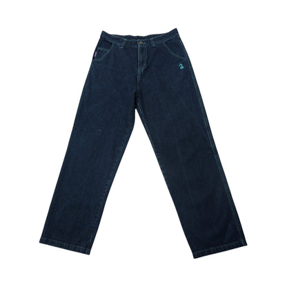 SNAKE HOLE Wide Denim – Green Stitch Dark Indigo