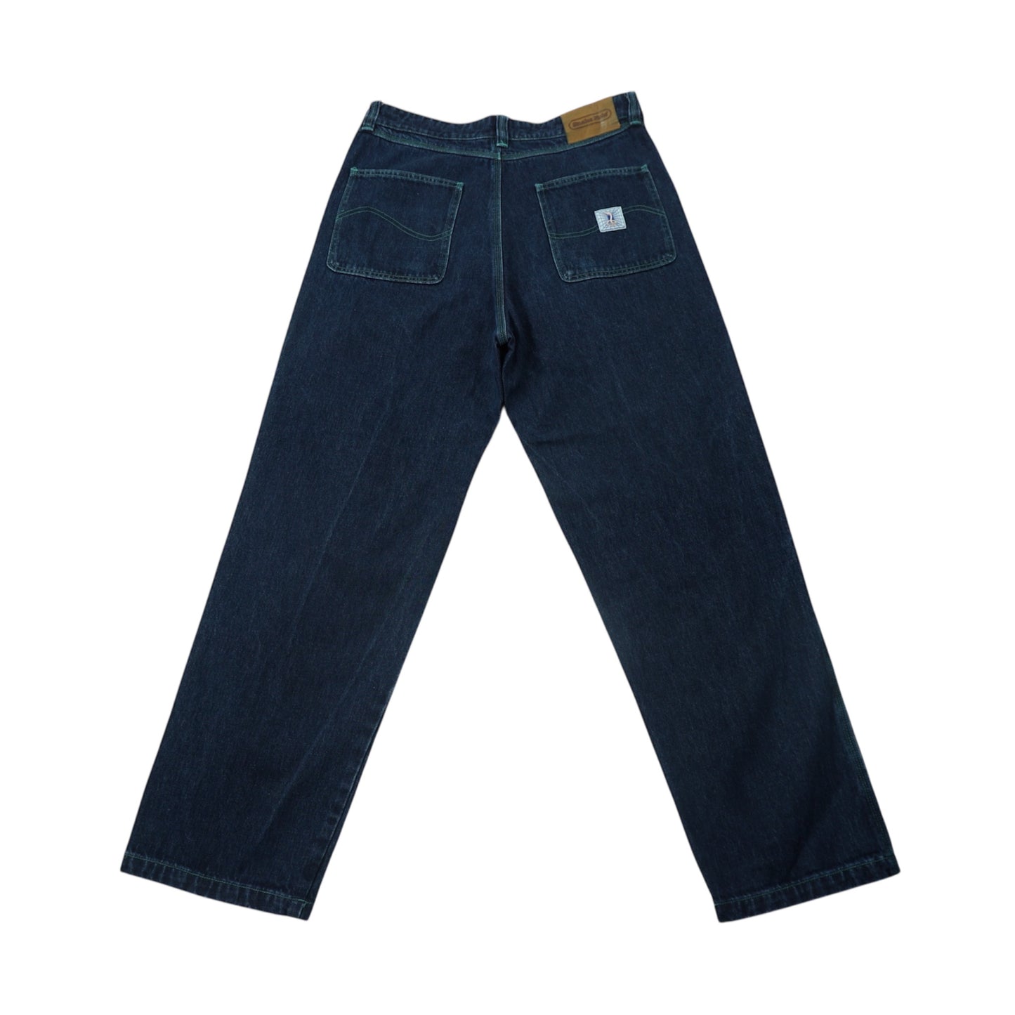 SNAKE HOLE Wide Denim – Green Stitch Dark Indigo