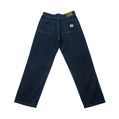 SNAKE HOLE Wide Denim – Green Stitch Dark Indigo